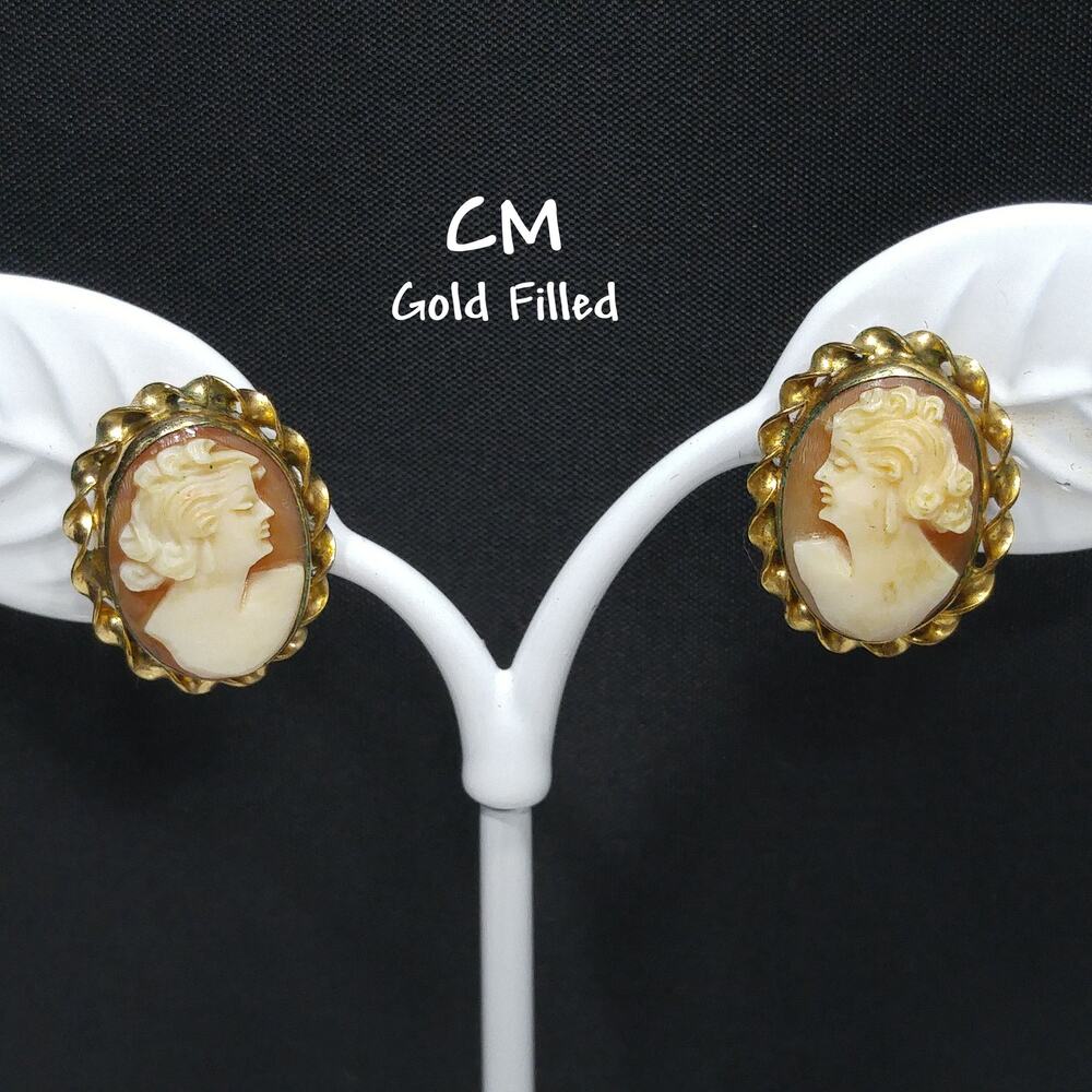 CM Carved Cameo Shell Earrings, Gold Filled, 1940s Vintage Jewelry